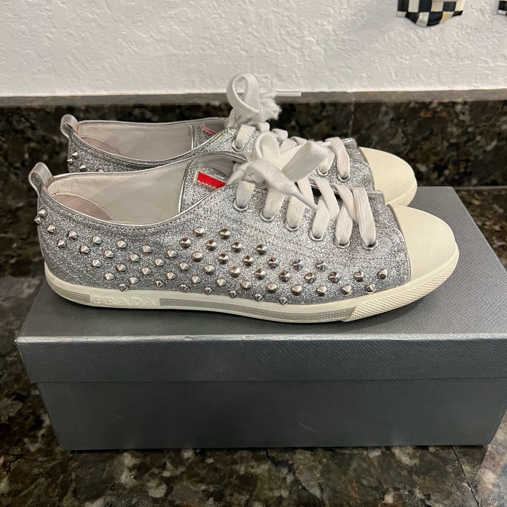 Prada Silver Glitter Studded Low Top Sneakers, 7.5